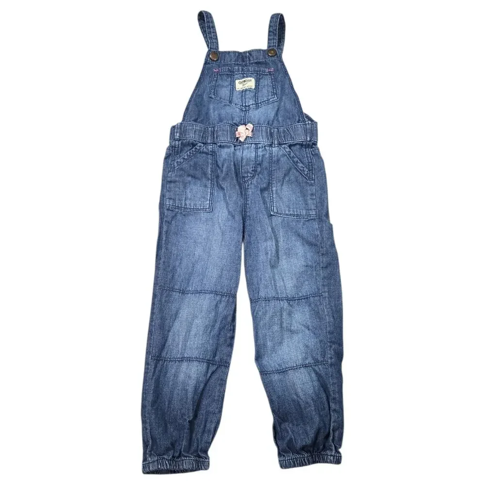 OshKosh BGosh Girls 4T Chambray Denim Jogger Overalls Jumpsuit Bow Kidcore Cute